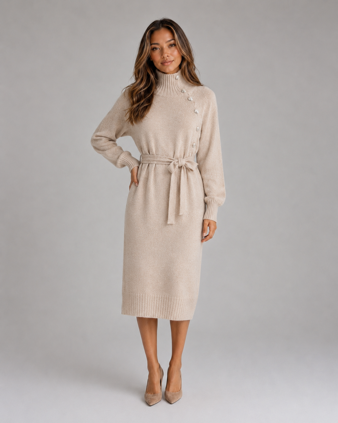 Robe-pull midi femme Montarello à col roulé, ceinturée