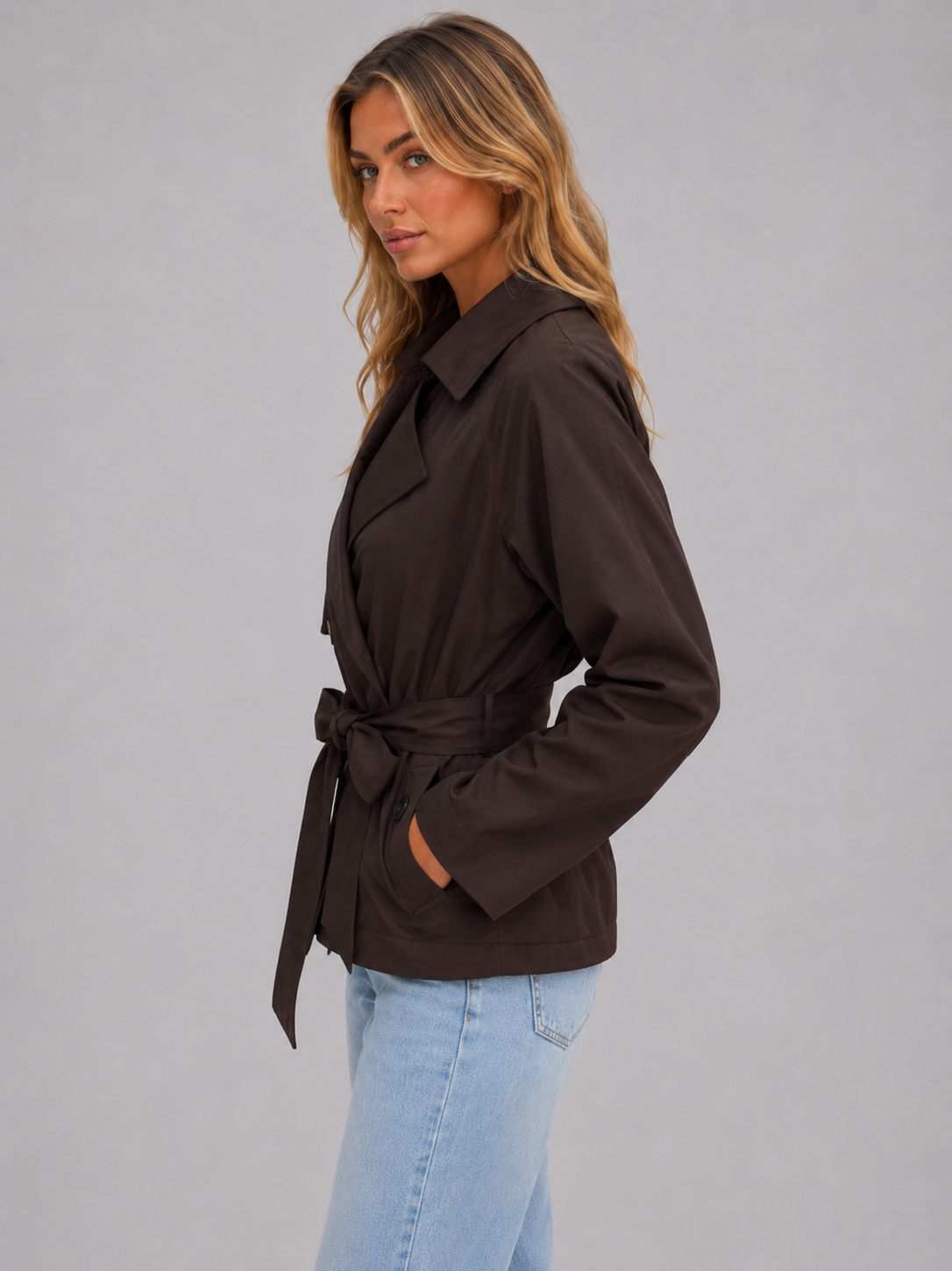 Montarello Women's Cropped Trench Coat with Tie Wai