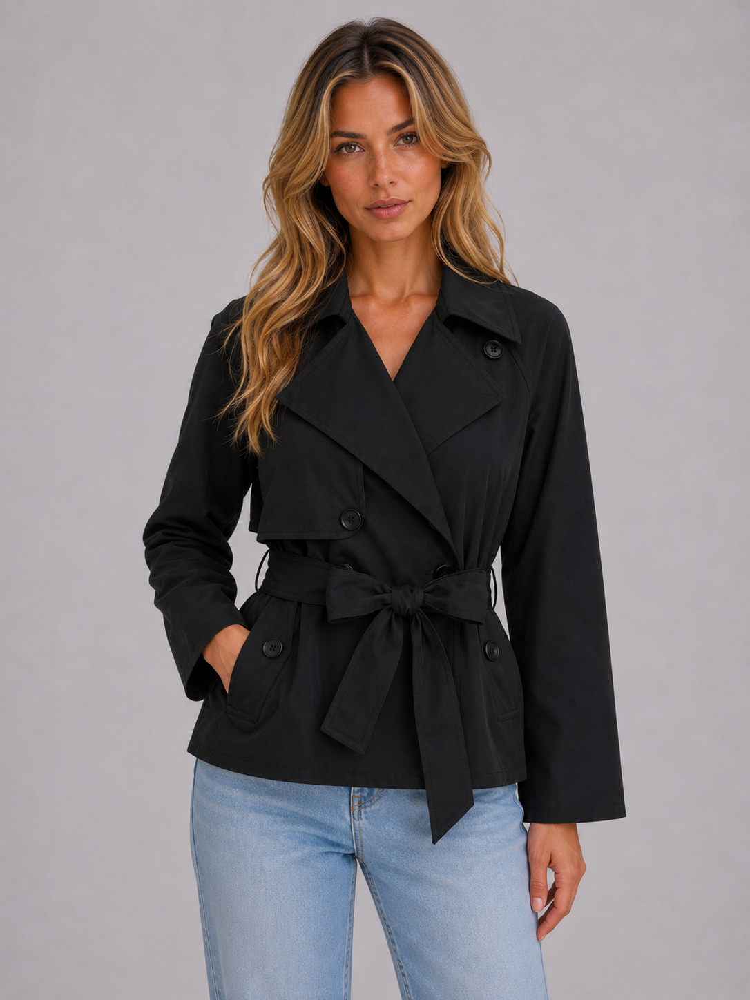 Montarello Women's Cropped Trench Coat with Tie Wai