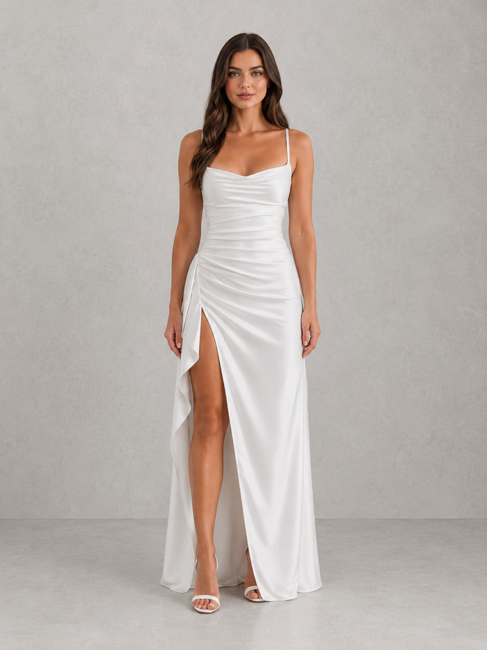 Montarello Women's Wedding Guest Maxi Dress with Draped Satin-Look Finish