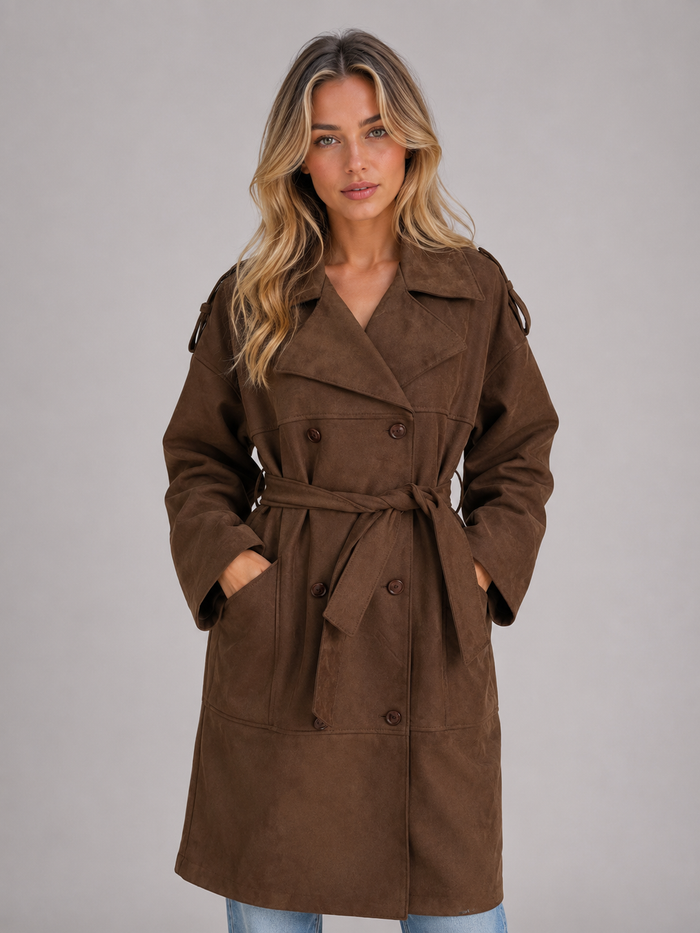 Montarello Women's Trench Coat with Suede-Look Finish and Belted Waist