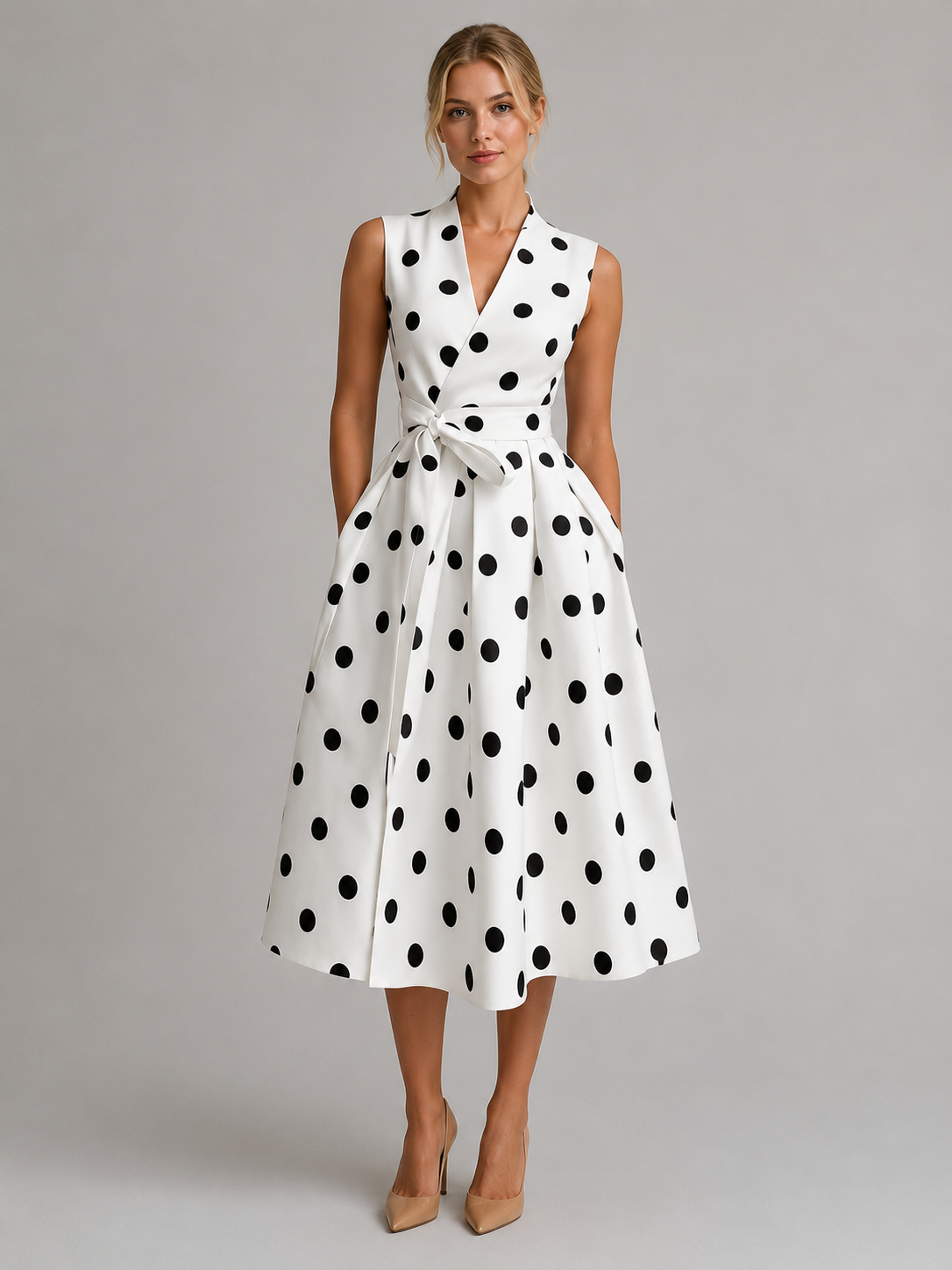 Montarello Women's Polka Dot Sleeveless V-Neck Midi Dress