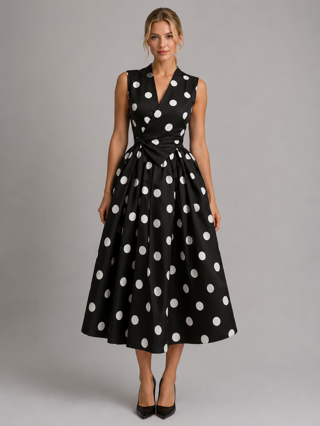 Montarello Women's Polka Dot Sleeveless V-Neck Midi Dress