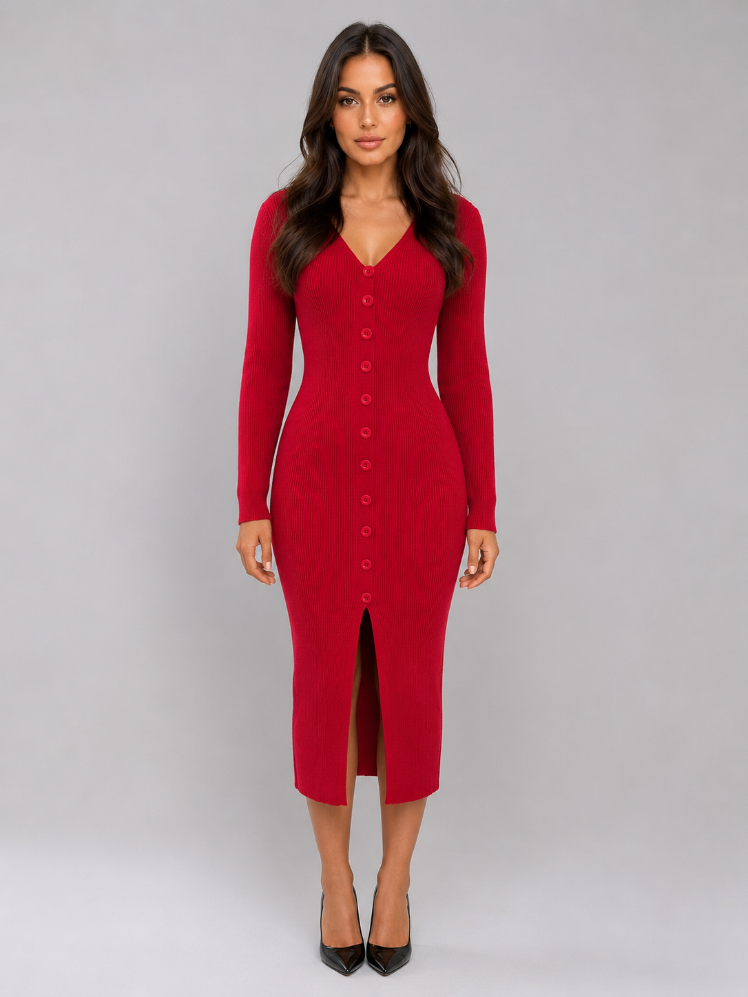 Montarello Women's Jumper Dress Ribbed Knit Button Front