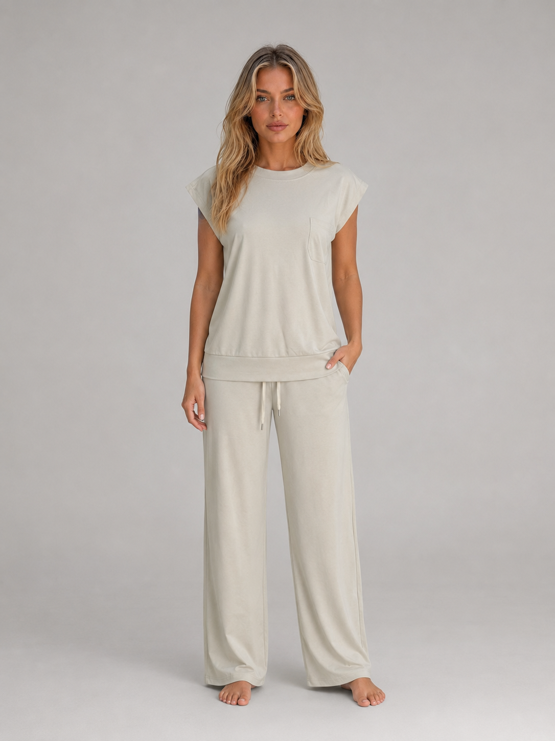 Montarello Women's Lounge Set Cap Sleeve Wide Leg Trousers