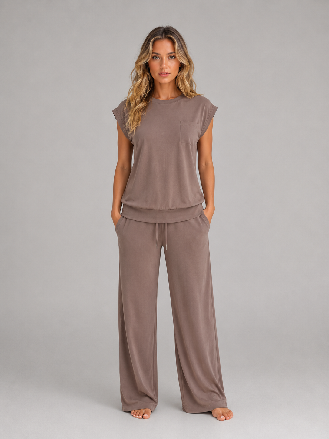 Montarello Women's Lounge Set Cap Sleeve Wide Leg Trousers