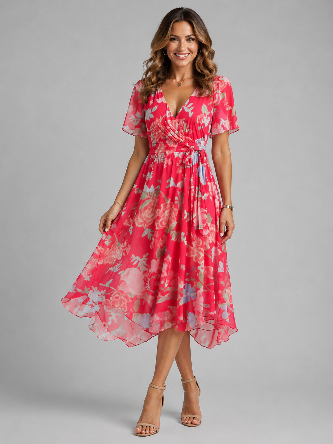 Montarello Women's Floral V-Neck Midi Dress