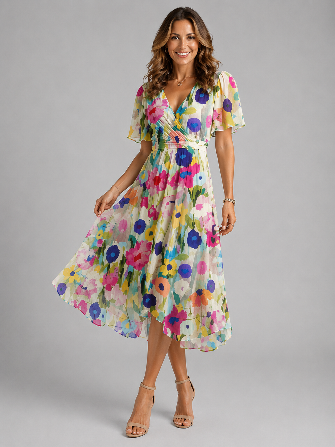 Montarello Women's Floral V-Neck Midi Dress
