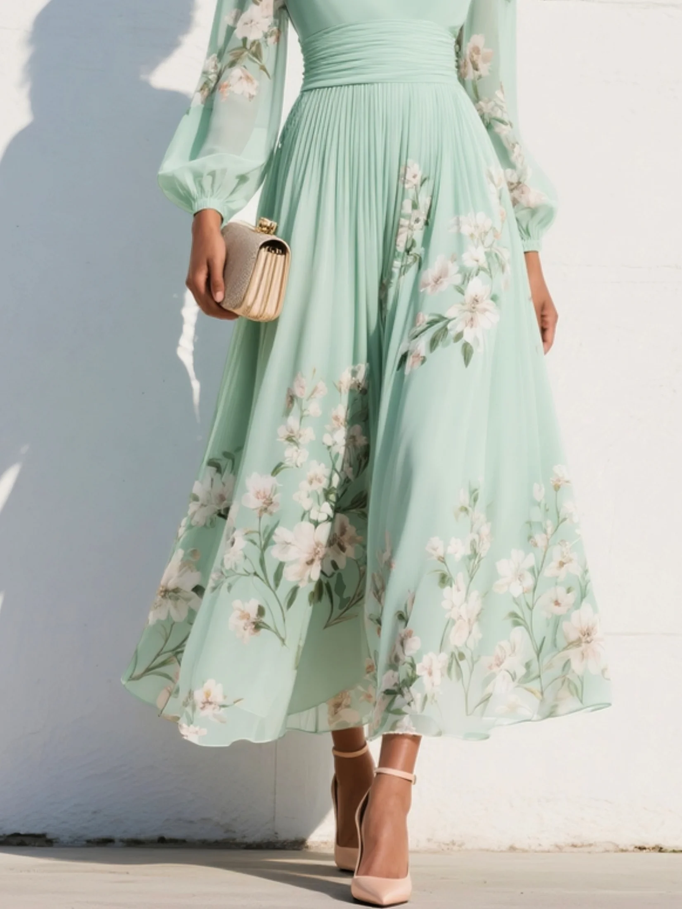 Montarello Women's Floral Chiffon Balloon Sleeve Wedding Guest Dress