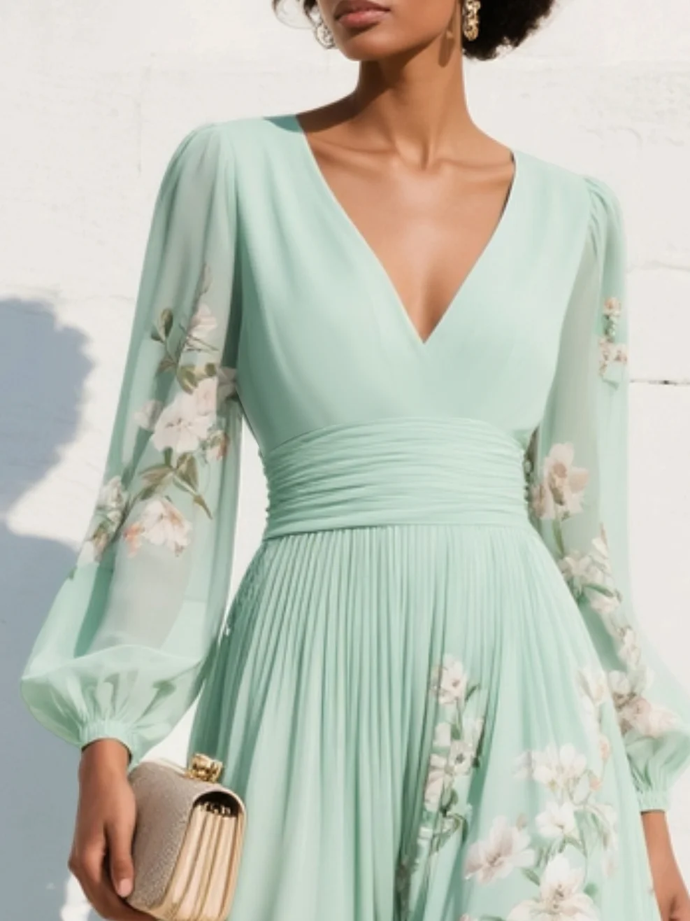 Montarello Women's Floral Chiffon Balloon Sleeve Wedding Guest Dress