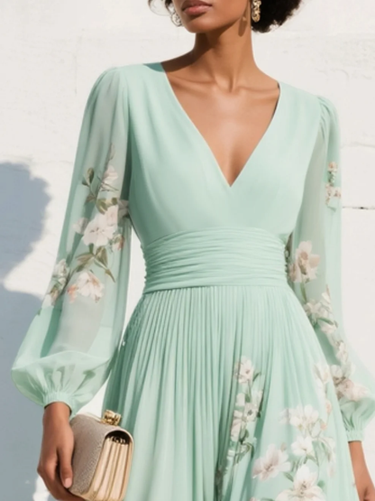 Montarello Women's Floral Chiffon V-Neck Midi Wedding Guest Dress
