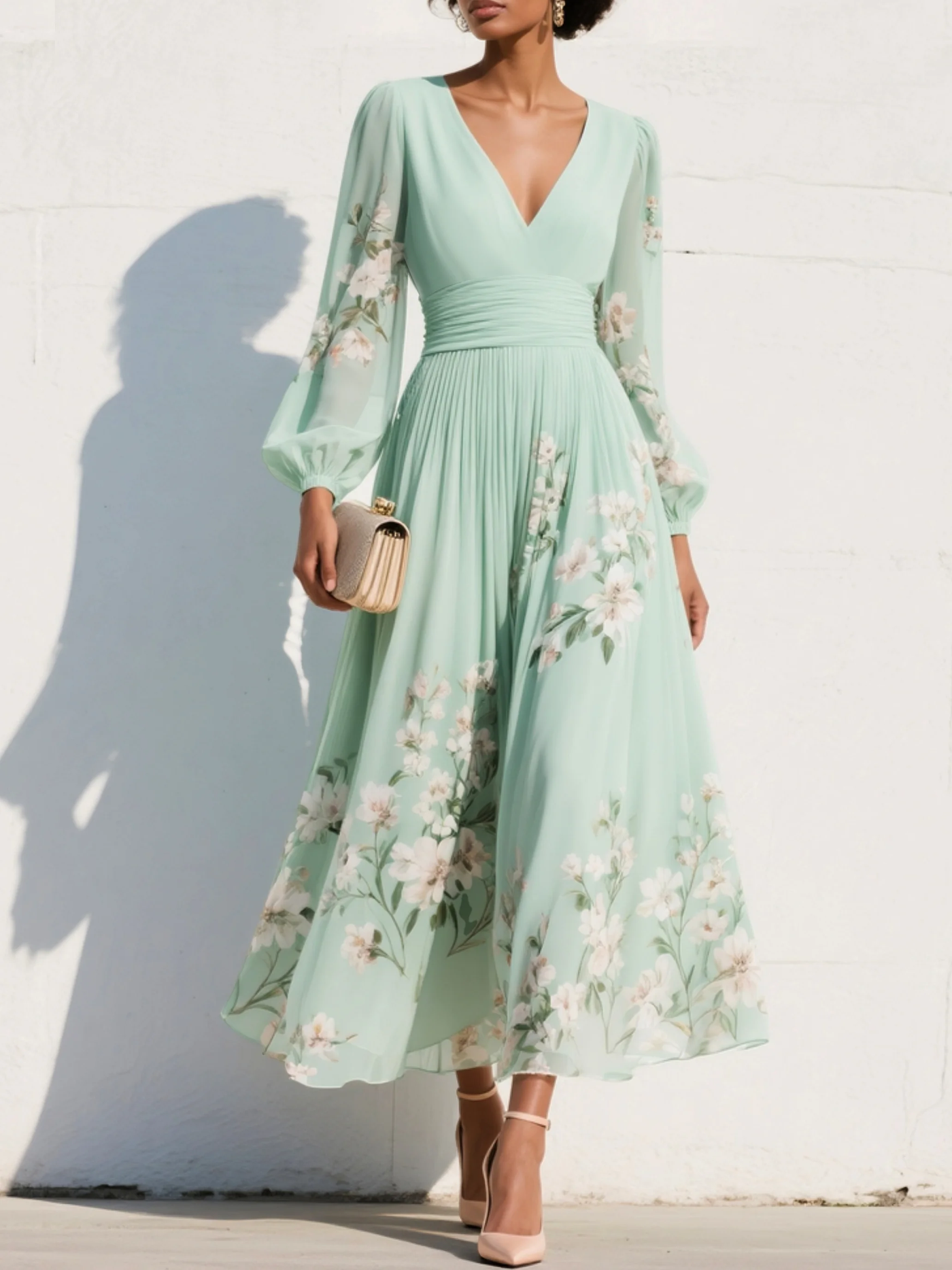 Montarello Women's Floral Chiffon Balloon Sleeve Wedding Guest Dress