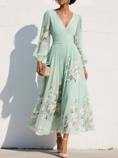 Montarello Women's Floral Chiffon V-Neck Midi Wedding Guest Dress