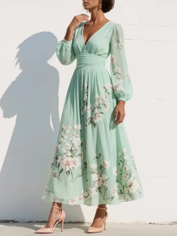 Montarello Women's Floral Chiffon Balloon Sleeve Wedding Guest Dress