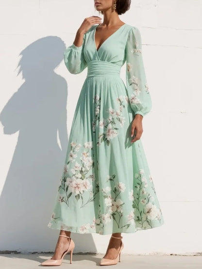 Montarello Women's Floral Chiffon V-Neck Midi Wedding Guest Dress