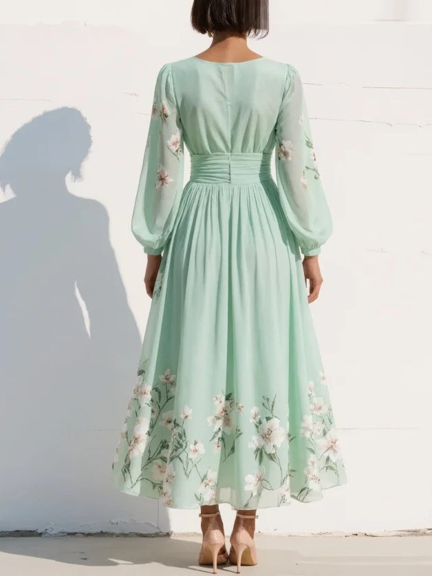 Montarello Women's Floral Chiffon Balloon Sleeve Wedding Guest Dress