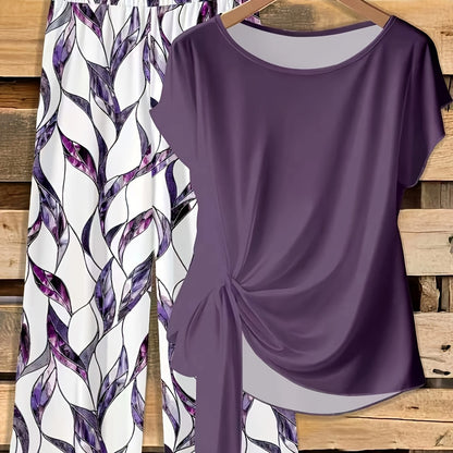 Montarello Leaf Print Women's 2-Piece Top & Trouser Set