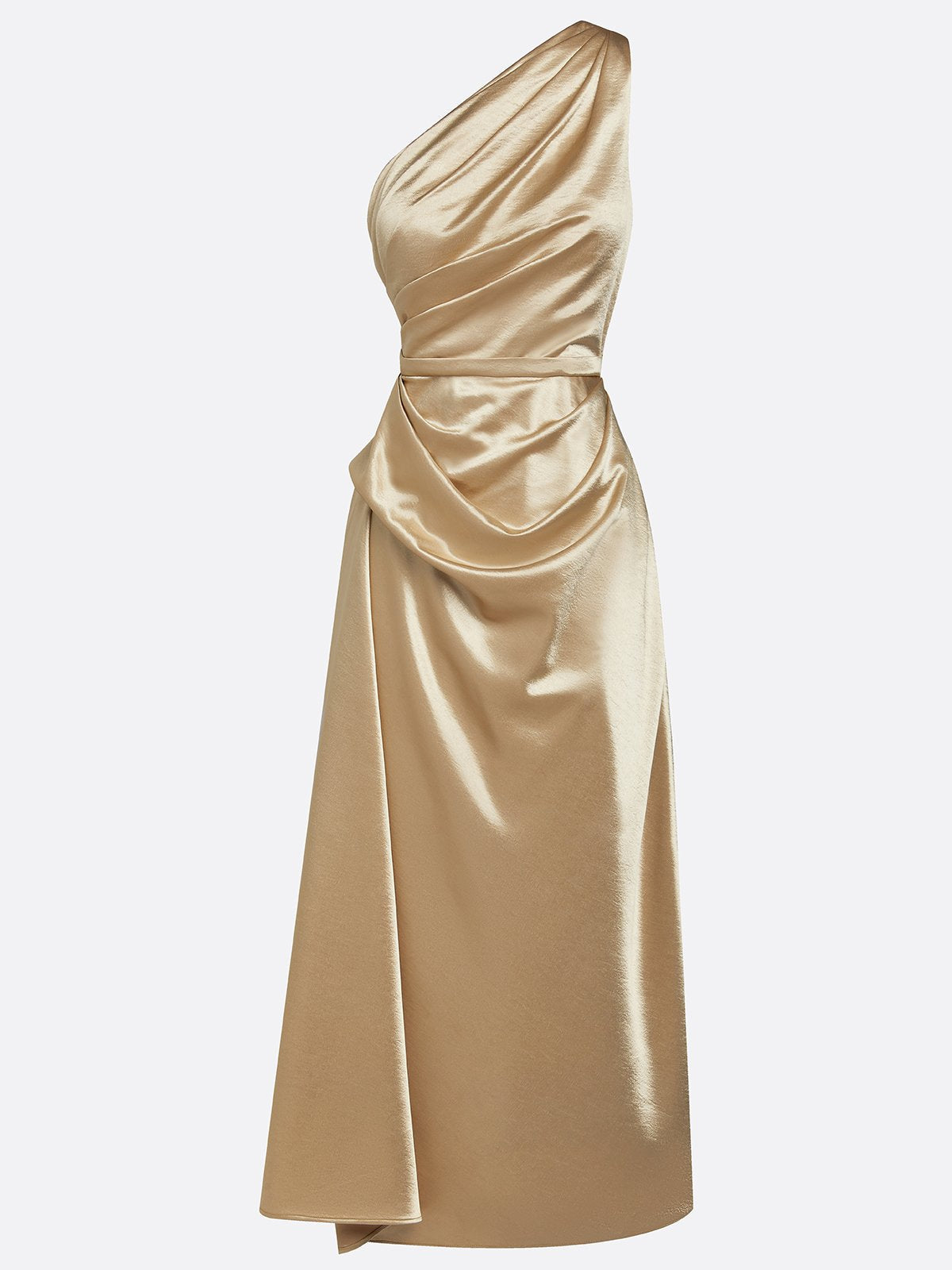 Montarello Women's Satin-Look One-Shoulder Ruched Wedding Guest Midi Dress