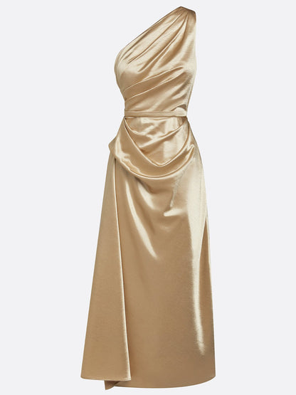 Robe midi à une épaule effet satin froncée pour invitées de mariage pour femmes Montarello