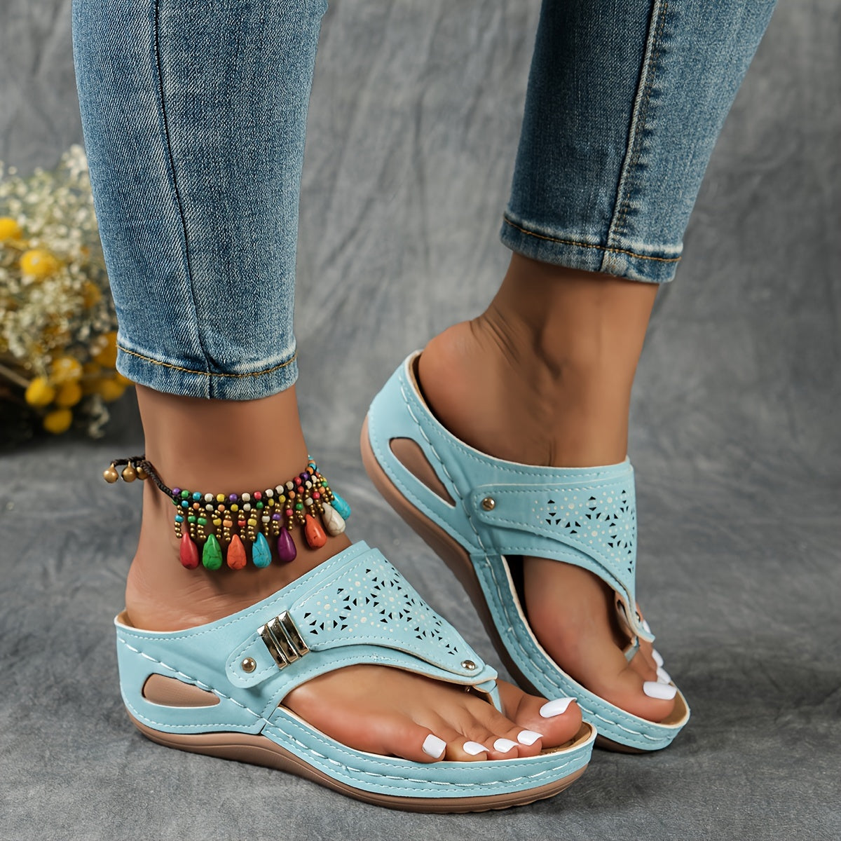 Montarello Women's Beaded Platform Wedge Thong Sandals
