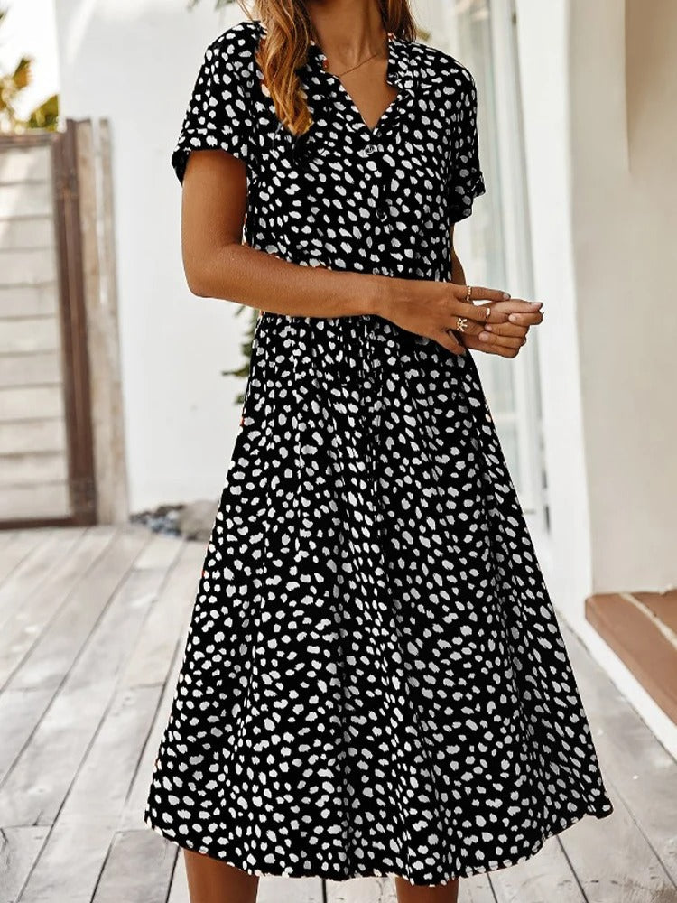 Montarello Women's Ditsy Print V-Neck Midi Dress Short Sleeve