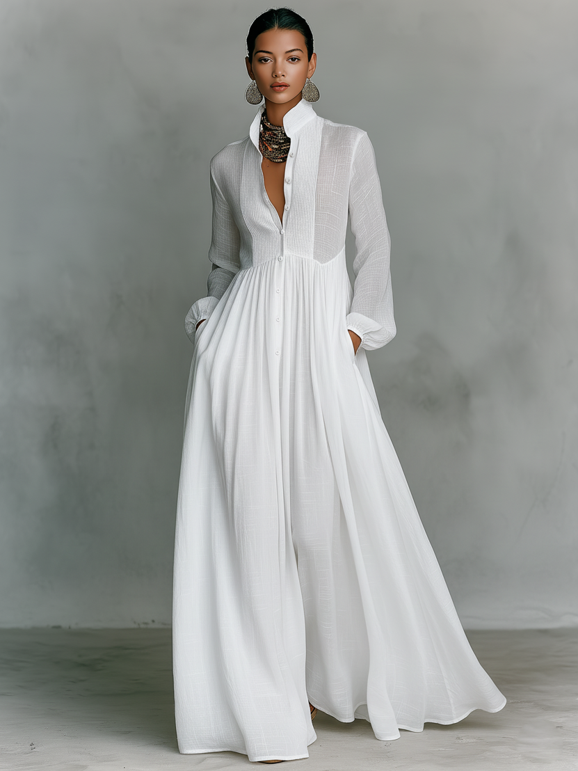 Montarello Women's Linen-Look Maxi Dress Stand Collar Long Sleeve