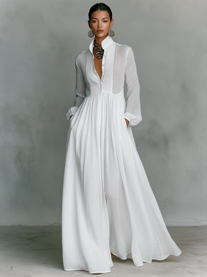 Montarello Women's Linen-Look Maxi Dress Stand Collar Long Sleeve