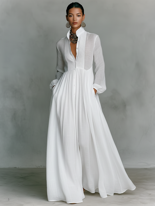 Montarello Women's Cotton Linen-Blend Long-Sleeve Maxi Dress with Stand-Up Collar