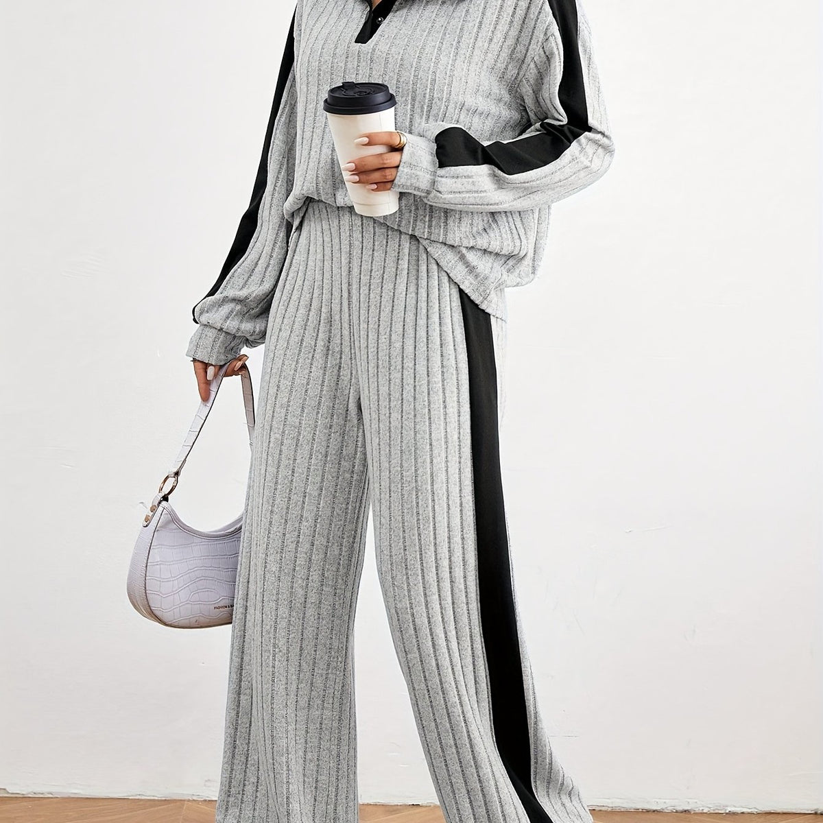 Montarello Women's Lounge Set Striped Knit Contrast Trim Two Piece