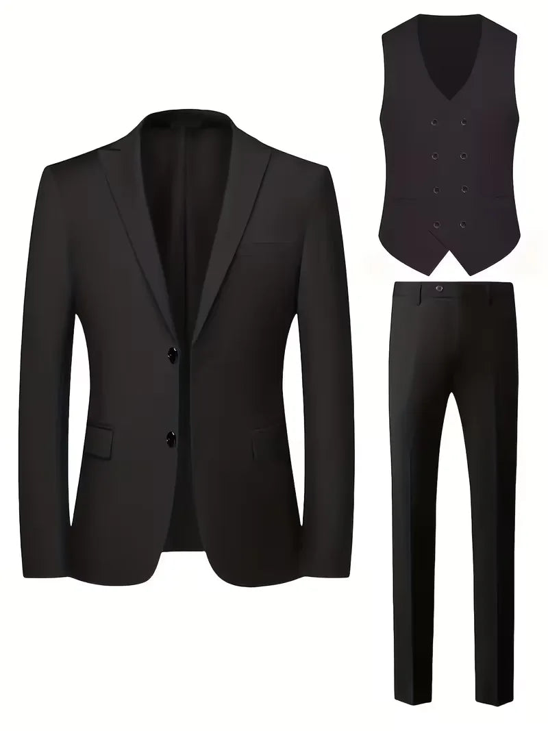 Montarello Men's Slim Fit Three-Piece Suit with Double-Breasted Waistcoat