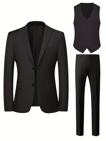 Montarello Men's Slim Fit Three-Piece Suit with Double-Breasted Waistcoat
