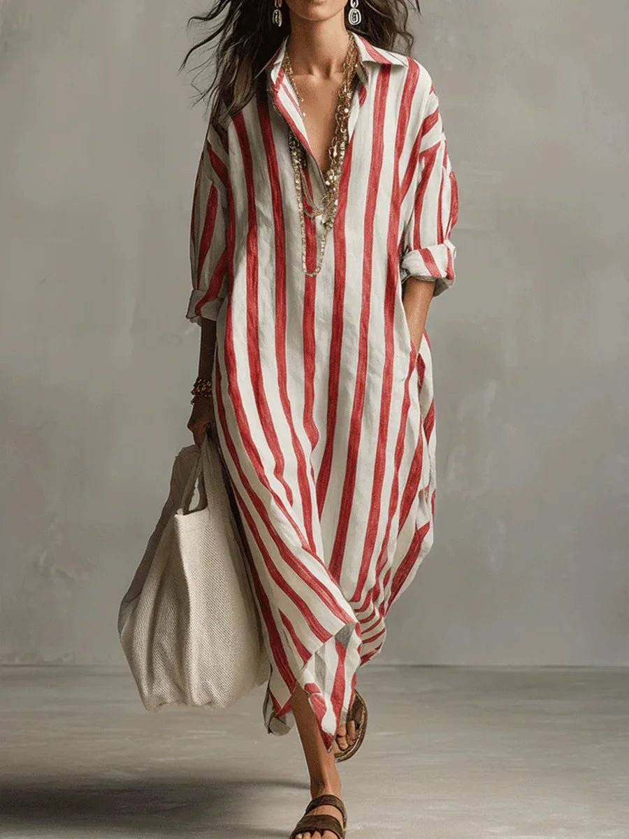 Montarello Women's Striped Linen-Look Maxi Shirt Beach Cover-Up