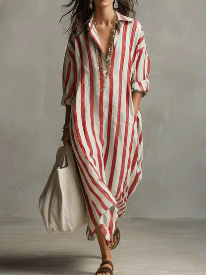 Montarello Women's Striped Linen-Look Long Maxi Shirt Dress