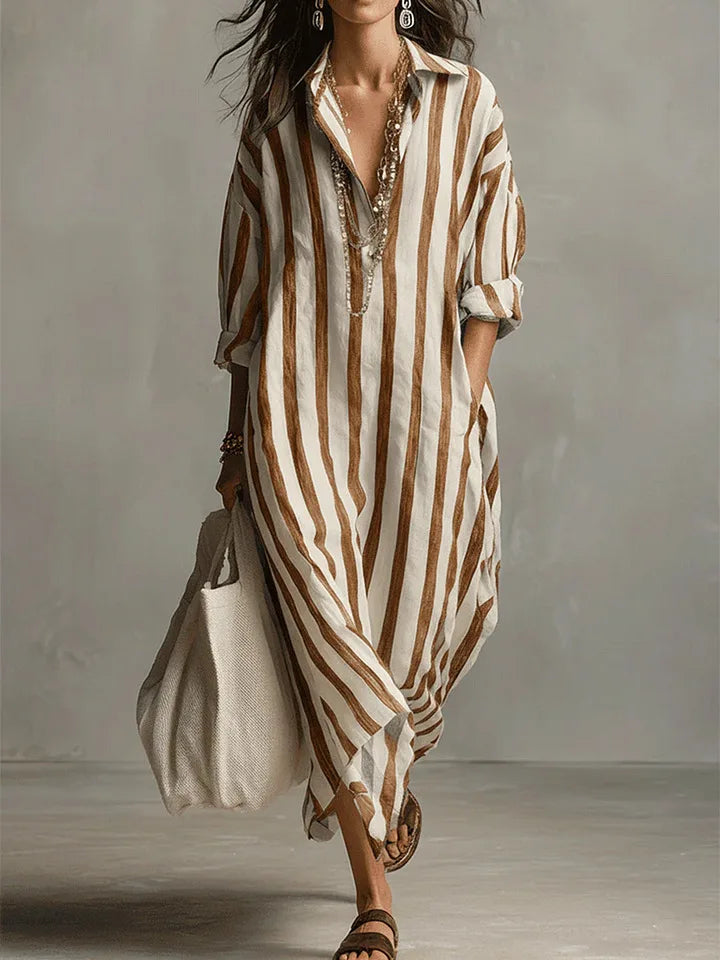 Montarello Women's Striped Linen-Look Maxi Shirt Beach Cover-Up
