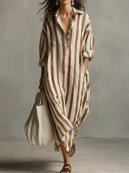 Montarello Women's Striped Linen-Look Long Maxi Shirt Dress