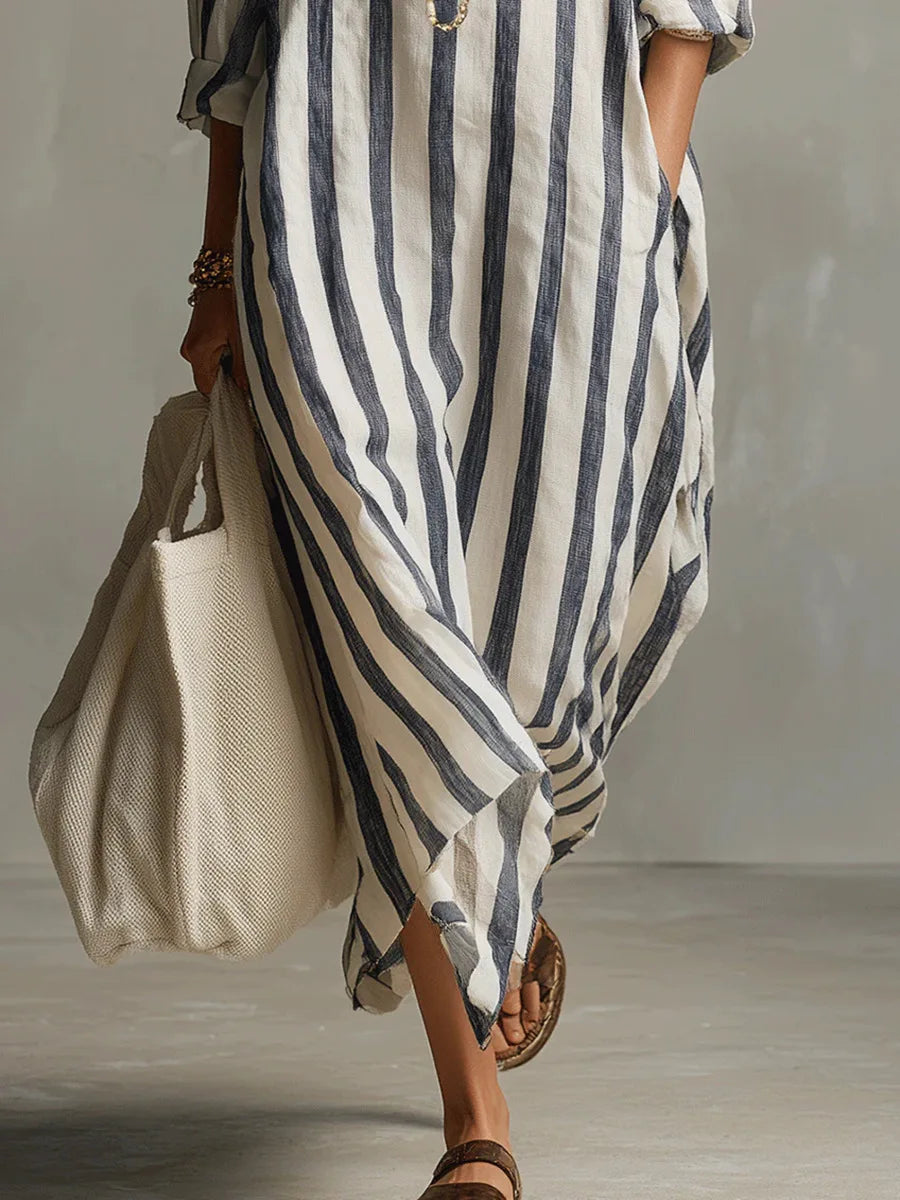 Montarello Women's Striped Linen-Look Maxi Shirt Beach Cover-Up