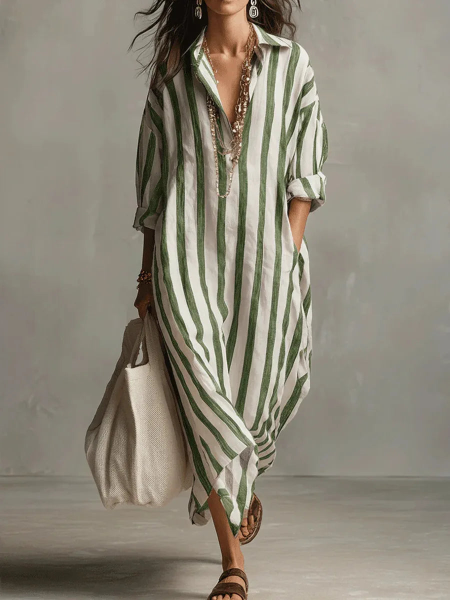 Montarello Women's Striped Linen-Look Maxi Shirt Beach Cover-Up