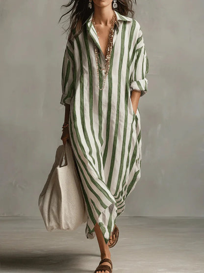Montarello Women's Striped Linen-Look Long Maxi Shirt Dress