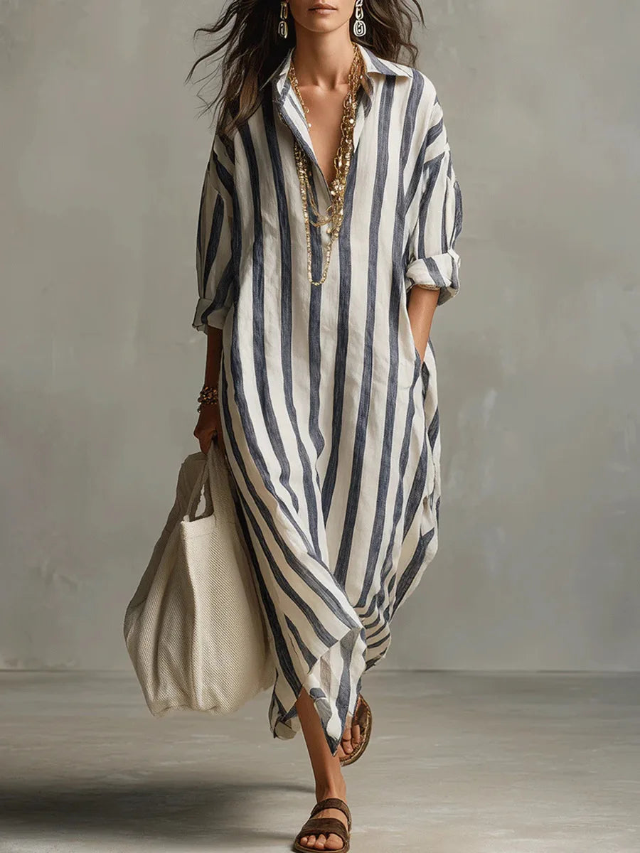 Montarello Women's Striped Linen-Look Long Maxi Shirt Dress