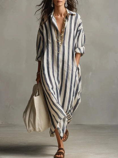 Montarello Women's Striped Linen-Look Long Maxi Shirt Dress