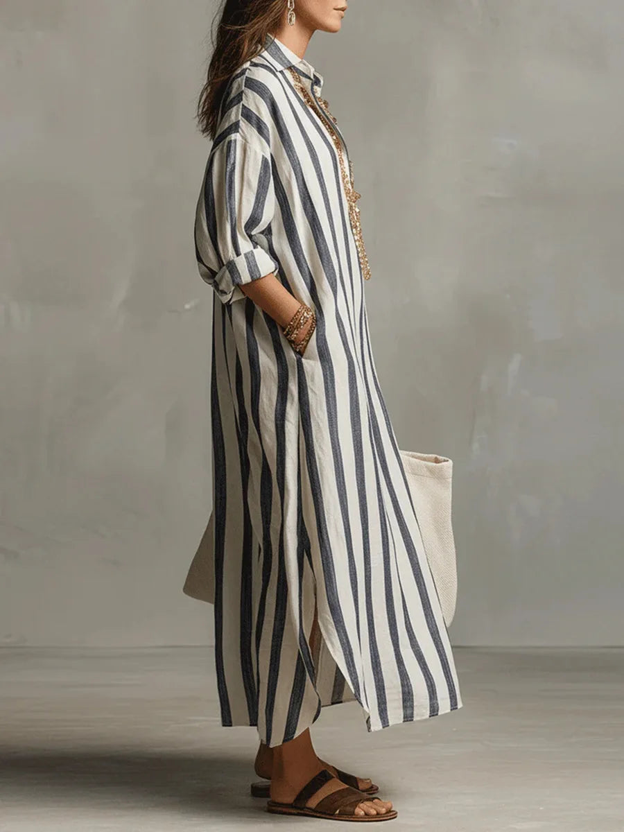 Montarello Women's Striped Linen-Look Maxi Shirt Beach Cover-Up