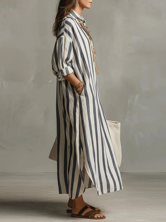 Montarello Women's Striped Linen-Look Maxi Shirt Beach Cover-Up