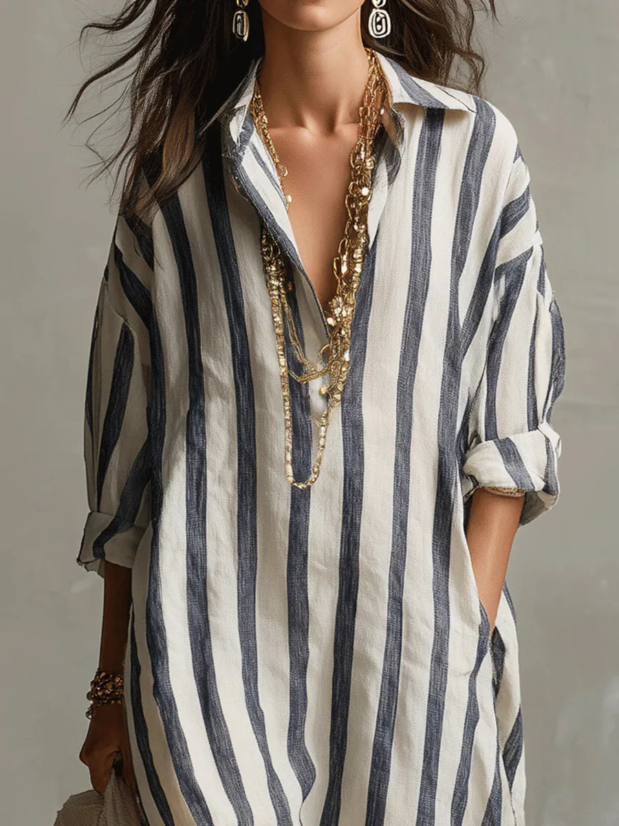 Montarello Women's Striped Linen-Look Maxi Shirt Beach Cover-Up