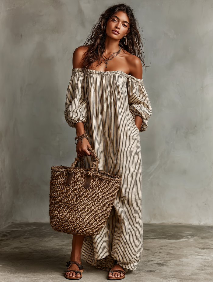 Montarello Women's Off-Shoulder Long-Sleeve Linen-Look Maxi Beach Dress