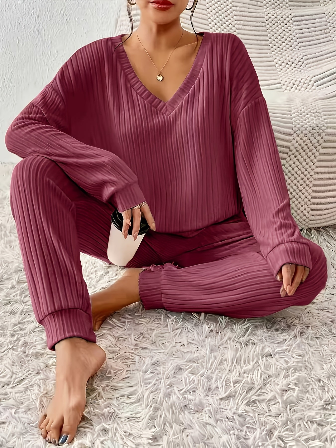 Montarello Women's Lounge Set Ribbed V-Neck Tapered