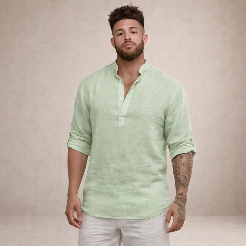Montarello Men's Linen-Look Stand Collar Shirt Long Sleeve