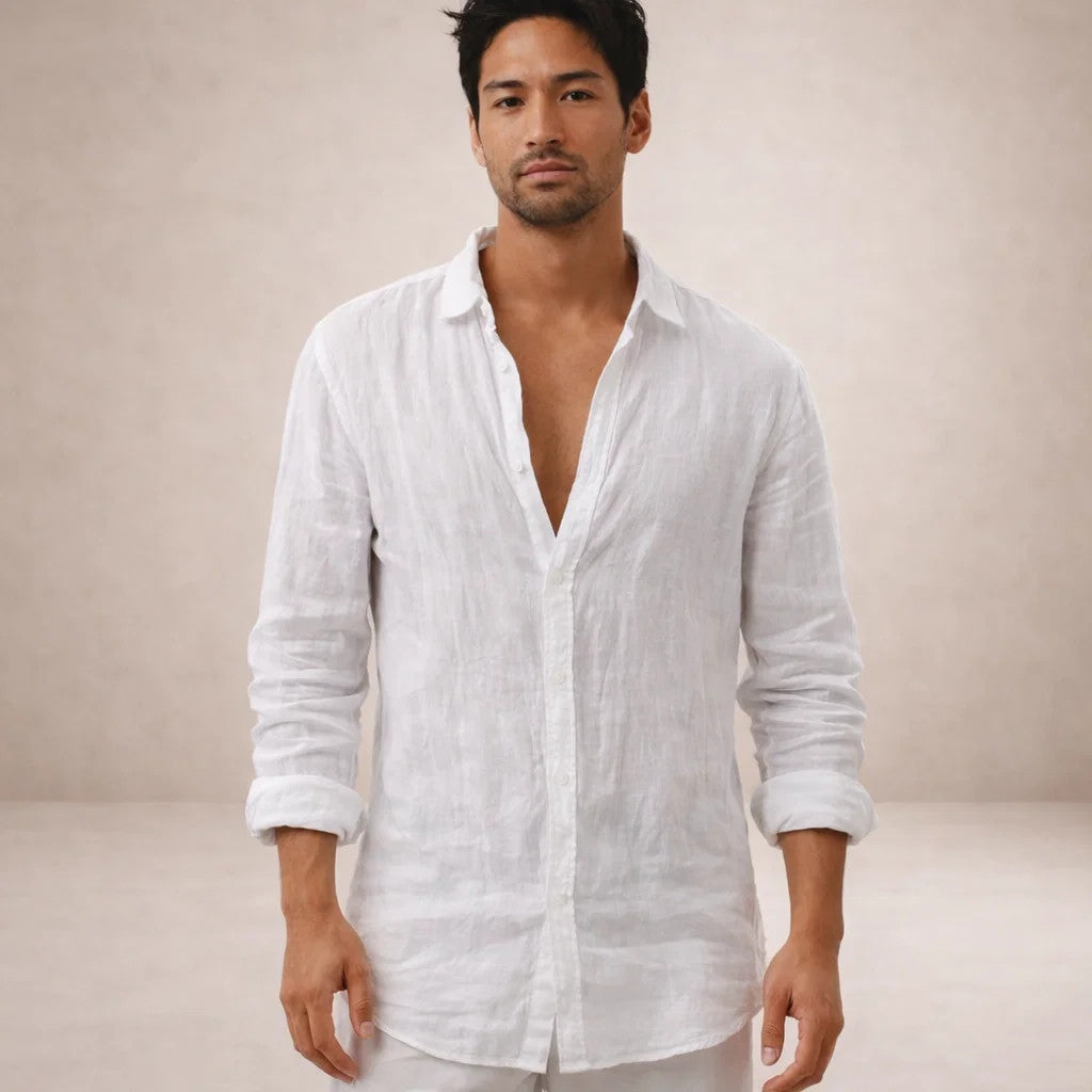 Montarello Men's Linen-Look Open Collar Shirt Long Sleeve