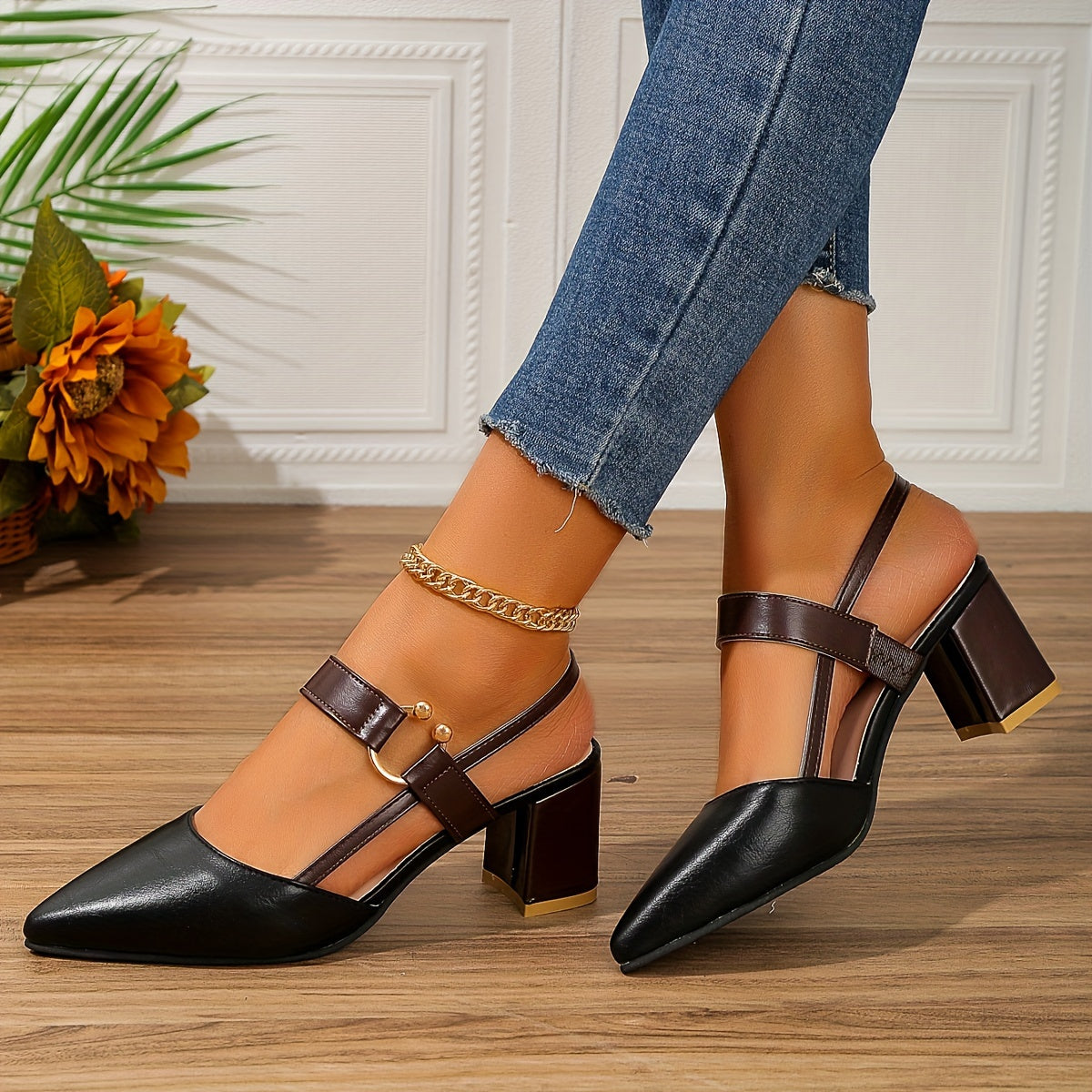 Montarello Women’s Pointed-Toe Block Heel Slingback Sandals