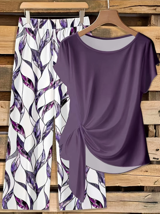 Montarello Leaf Print Women's 2-Piece Top & Trouser Set