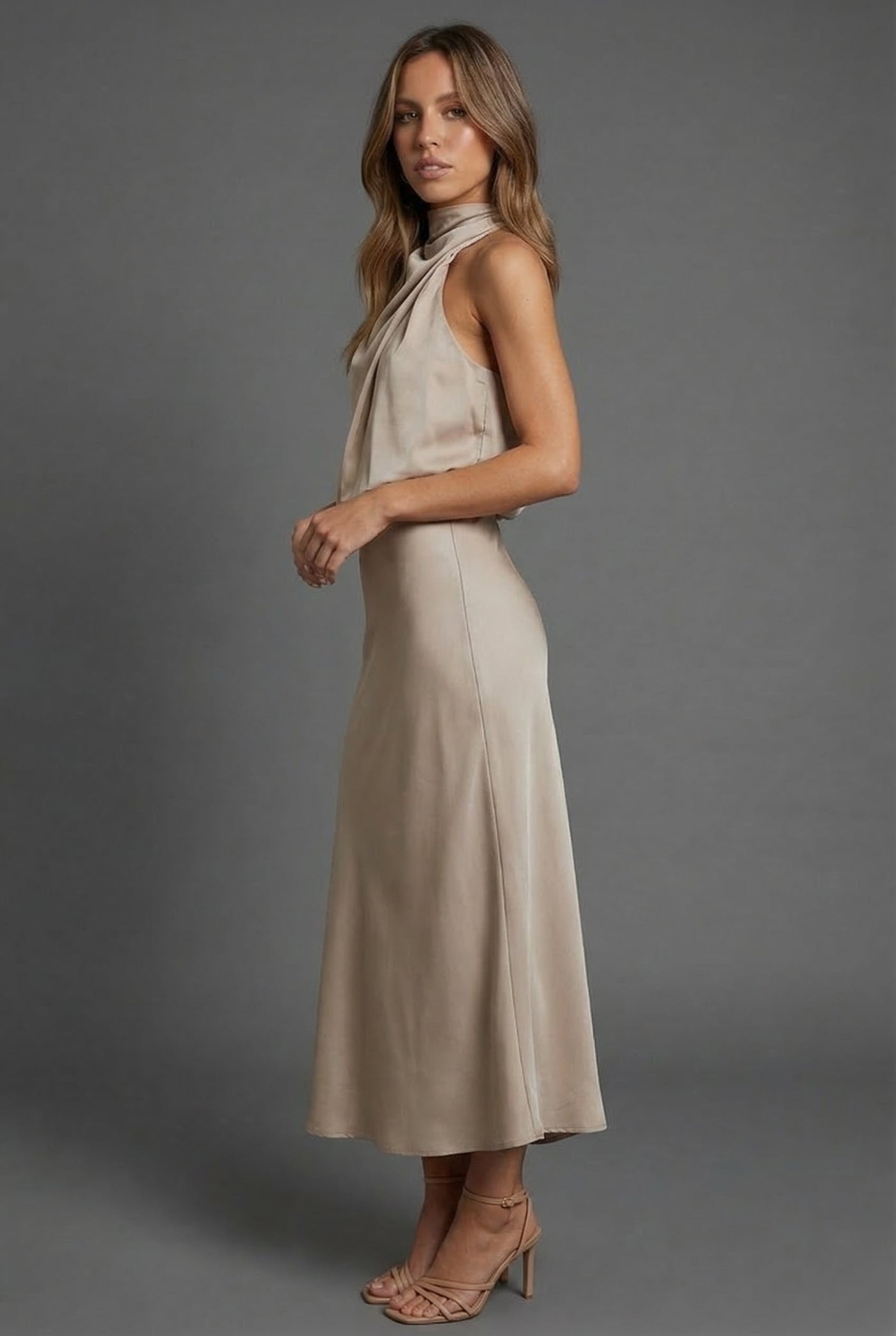 Montarello Women's Halterneck Satin-Look Wedding Guest Midi Dress